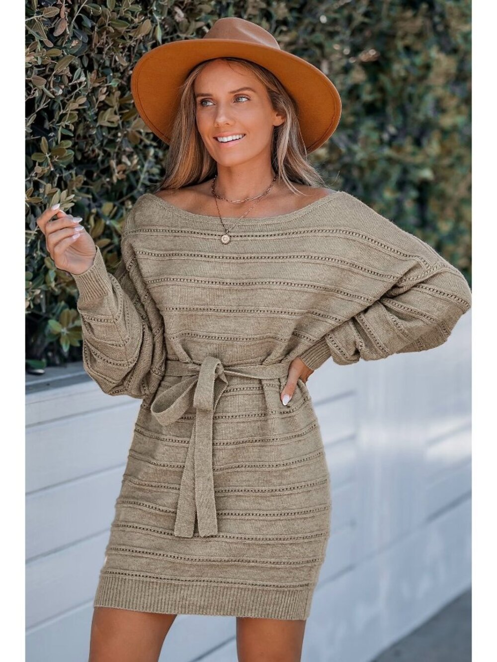 NWT Cupshe Khaki Belted Dolman Sleeve Sweater Dress - Size: Large